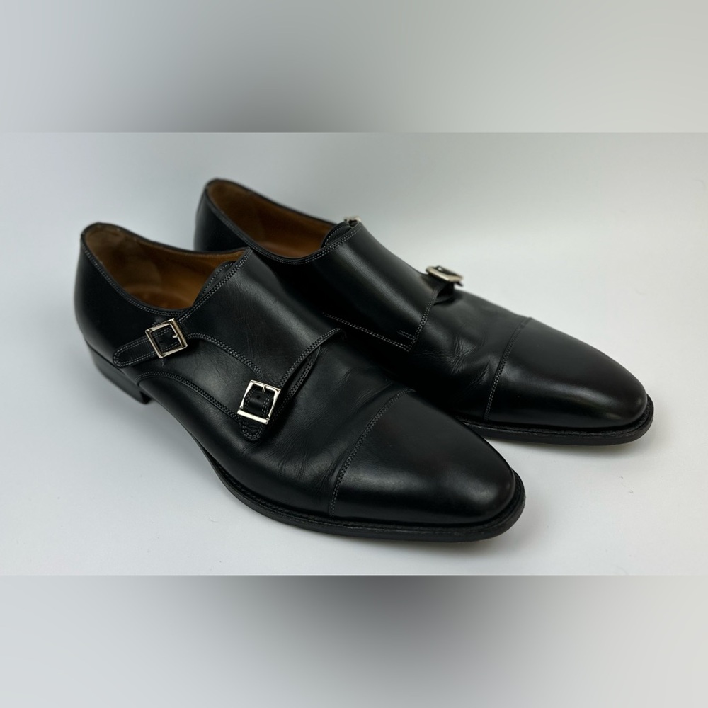Santoni Black Genuine Leather Men’s Double Monk Strap Dress Shoes 11
